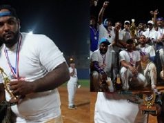 UASD campeón softbol superior gubernamental A la izquierda Caonabo Lemonier (GB del conjunto la UASD), y Víctor Morillo, con el trofeo como Jugador Más Valioso y Lanzador Más Destacado del octavo torneo gubernamental de softbol. A la derecha, el equipo campeón de la Universidad Autónoma de Santo Domingo.