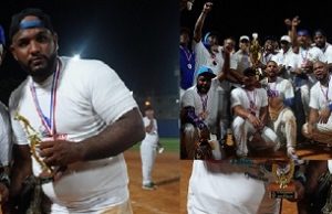 UASD campeón softbol superior gubernamental A la izquierda Caonabo Lemonier (GB del conjunto la UASD), y Víctor Morillo, con el trofeo como Jugador Más Valioso y Lanzador Más Destacado del octavo torneo gubernamental de softbol. A la derecha, el equipo campeón de la Universidad Autónoma de Santo Domingo.