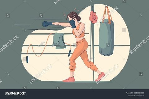 stock-vector-woman-training-in-boxing-gym-vector-illustration-of-punching-bag-jump-rope-and-towel-hanging-on-2619618155